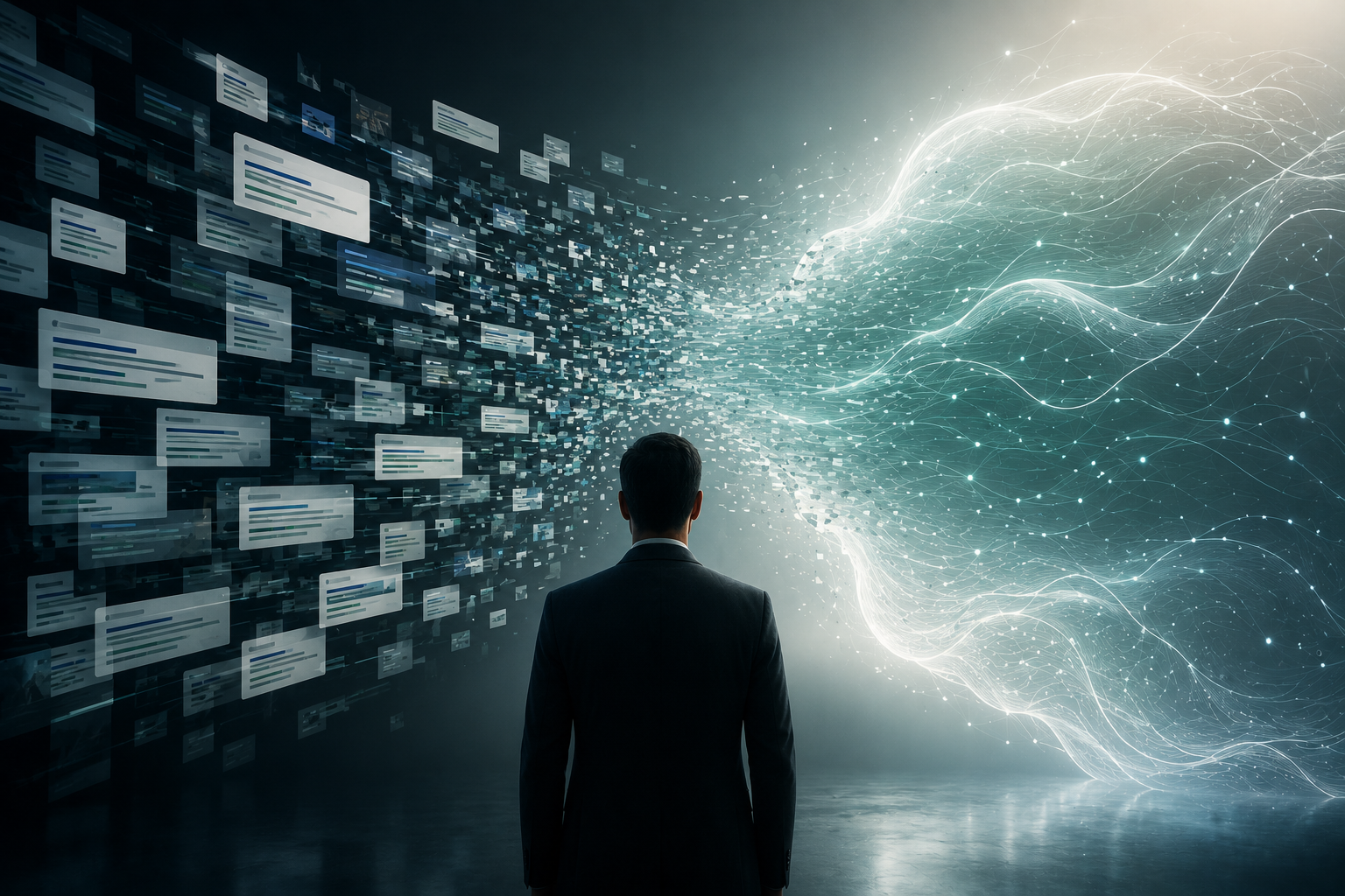 Abstract visual showing fragmented search results being interpreted by an AI answer layer