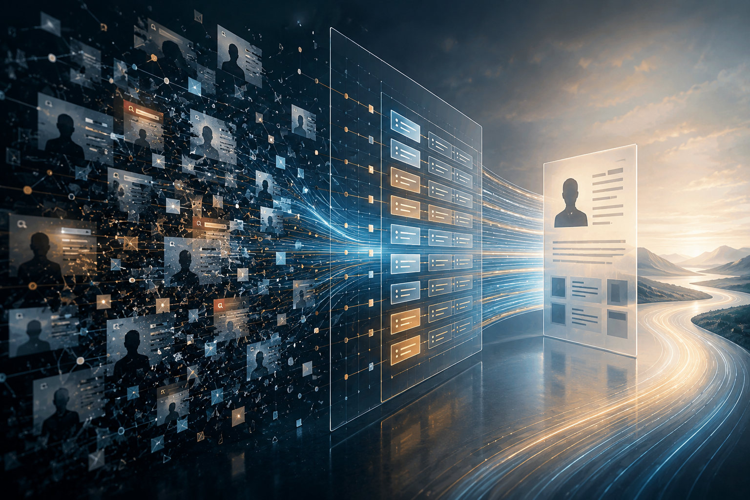 Abstract digital records and entity profiles being organized into a clear structured information layer, illustrating AI reputation repair and improved AI search results.