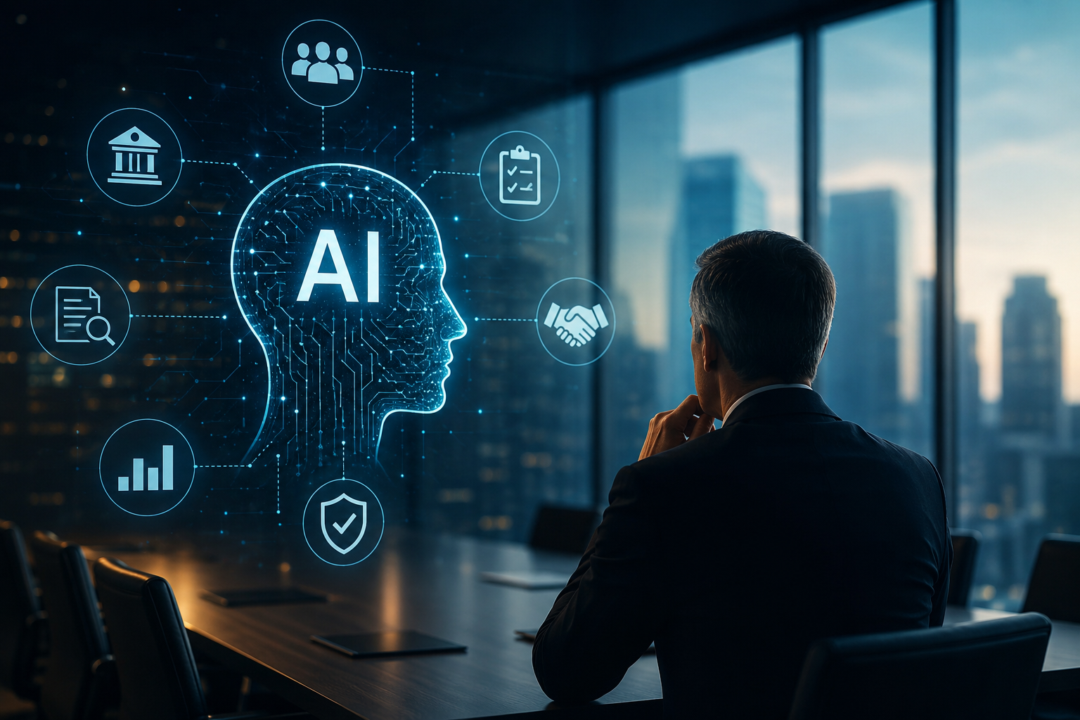 Business executive in a boardroom reviewing an AI governance strategy and reputation risk visualization.