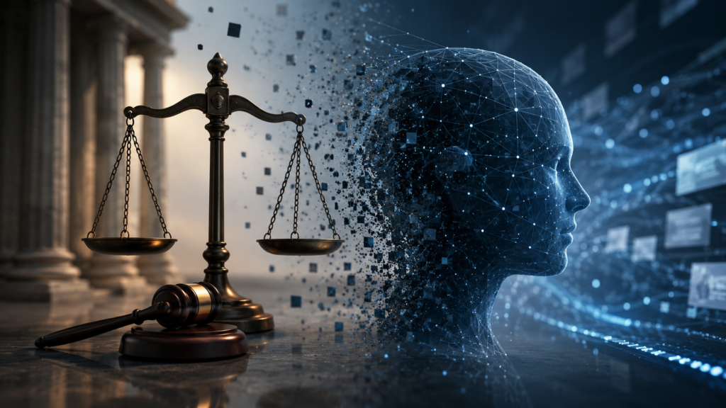Conceptual image showing a courtroom scale and gavel dissolving into an AI network, representing the gap between legal outcomes and AI reputation repair.
