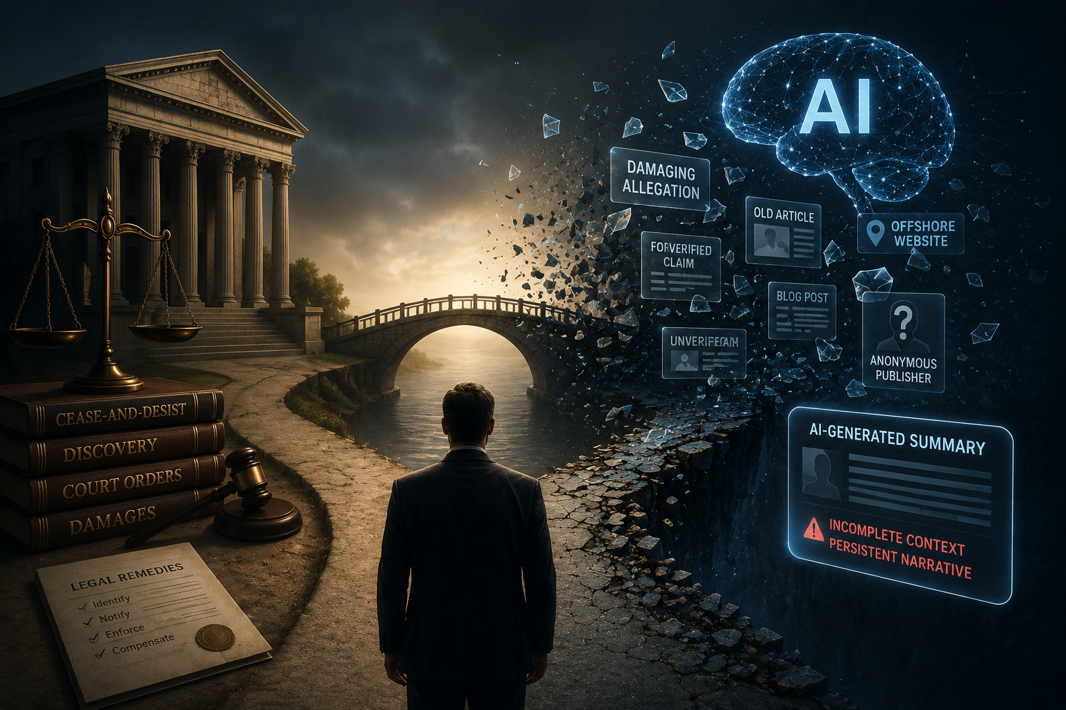 A legal system bridge leading toward a fragmented AI information environment, illustrating how court orders and legal remedies may not fully repair online defamation narratives in AI search systems.